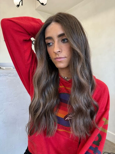 Long dimensional brunette color, rich and even through the lengths at Shade Studio in Long Branch, New Jersey
