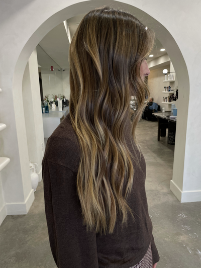 Side view of dimensional hand painted brunette balayage at Shade Studio in Long Branch, New Jersey