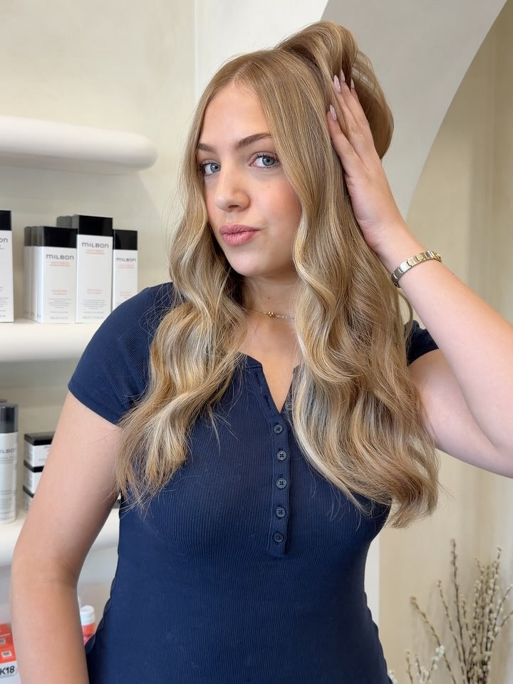 Long blonde waves after a full blonding service at Shade Studio in Long Branch, New Jersey